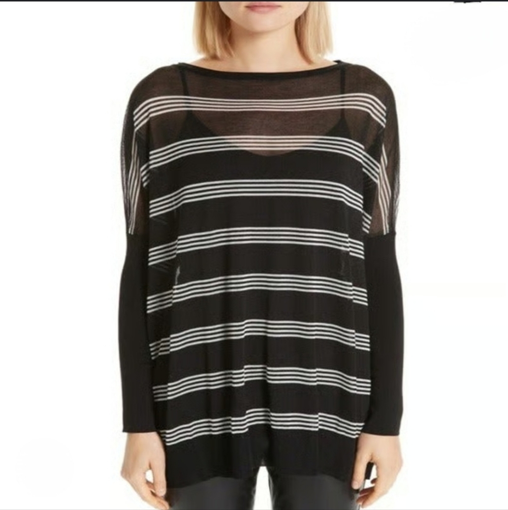 Lafayette 148 NY Slouch Black White Striped Oversized Sweater Luxury XS Sheer - Picture 1 of 8